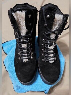 Crown Vintage Hopper Combat Boot Black Suede Faux-Shearling Lace-Up Women's 7.5M